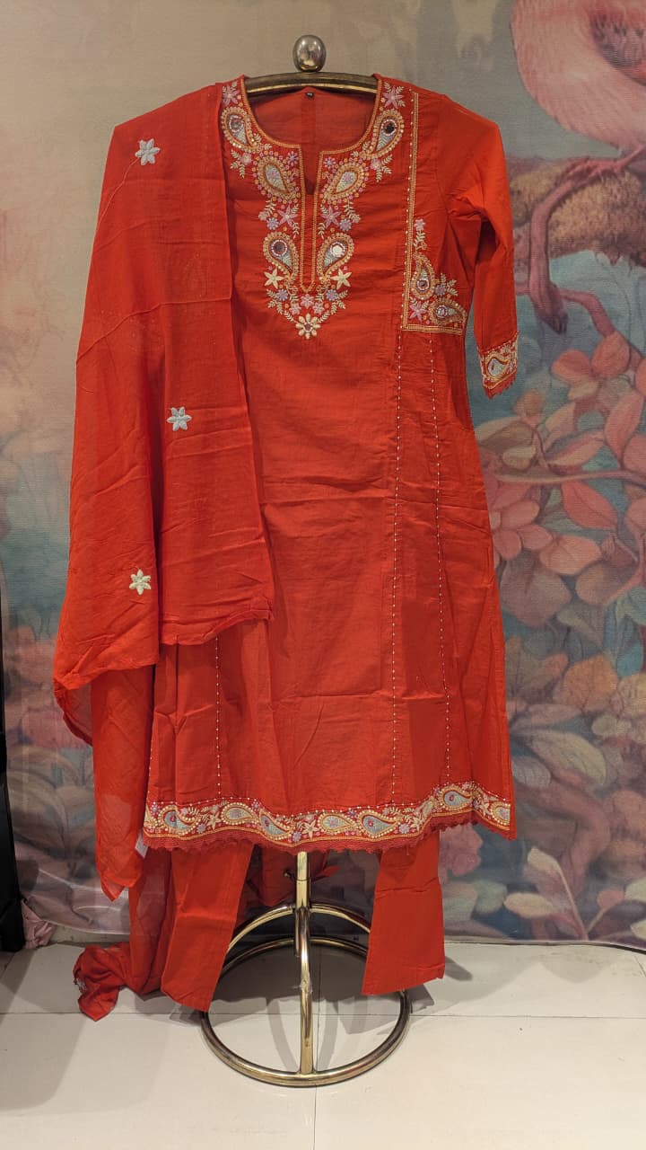 Elegance Rust Hand-Embroidered A-Line Kurti Pant Suit Set three-piece.