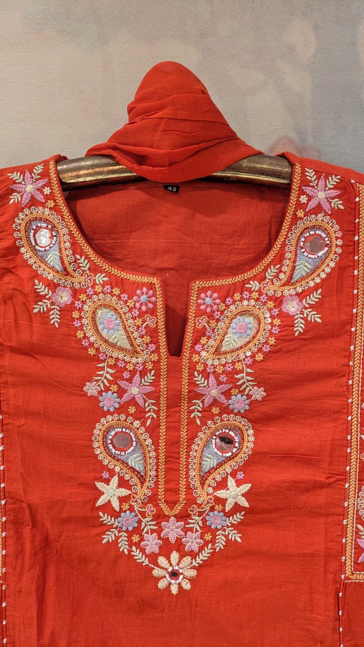 Elegance Rust Hand-Embroidered A-Line Kurti Pant Suit Set three-piece.