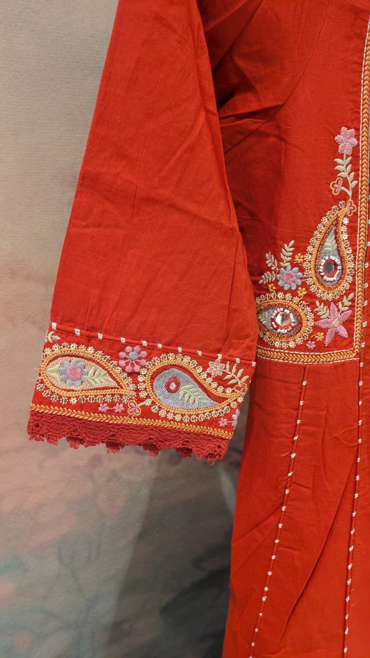 Elegance Rust Hand-Embroidered A-Line Kurti Pant Suit Set three-piece.