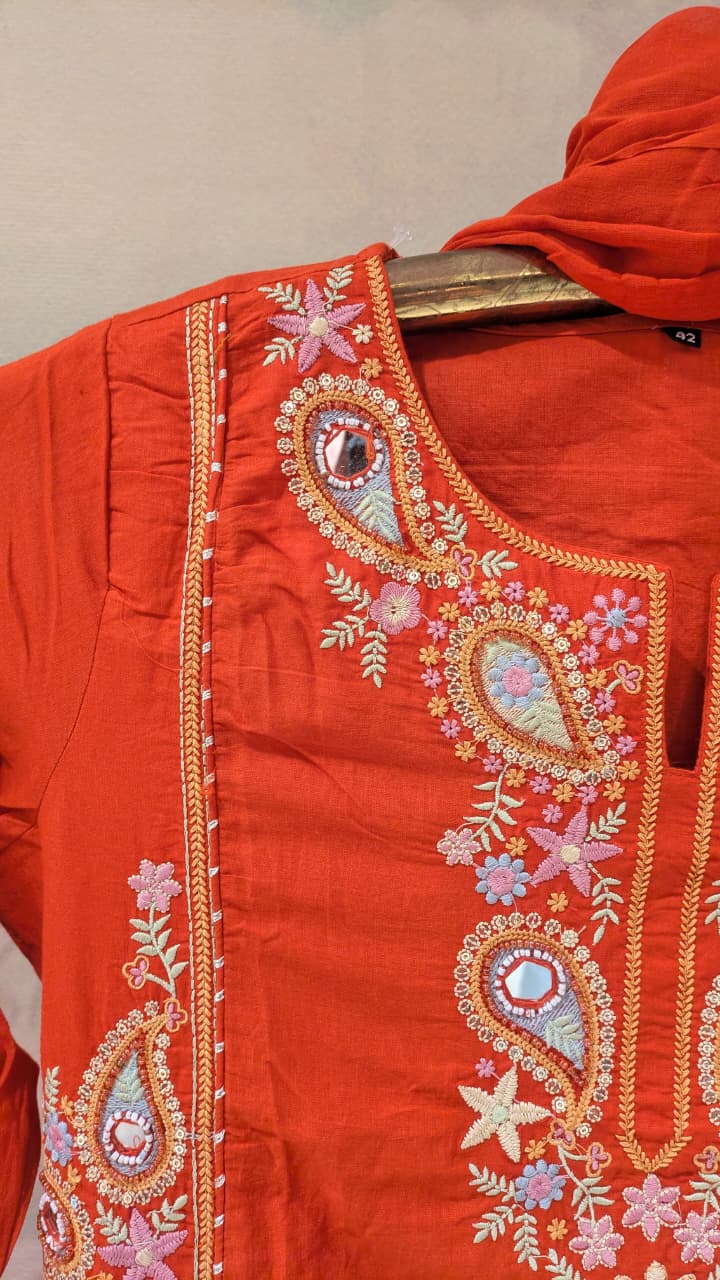 Elegance Rust Hand-Embroidered A-Line Kurti Pant Suit Set three-piece.