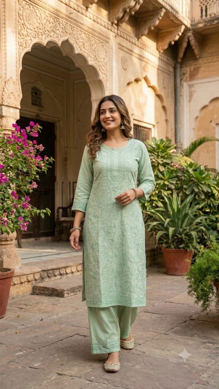 Sage Green Tone-on-Tone Chikankari Kurta & Pant Set Lucknowi Chikankari work