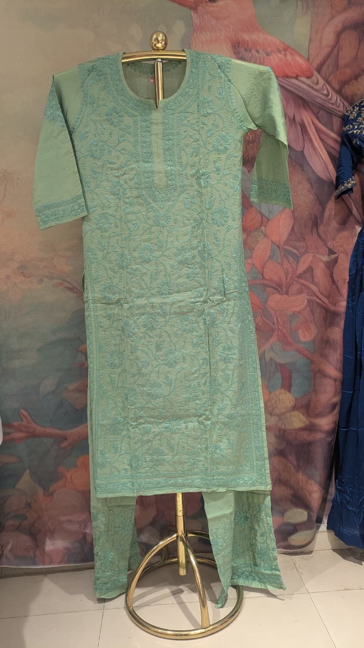 Sage Green Tone-on-Tone Chikankari Kurta & Pant Set Lucknowi Chikankari work