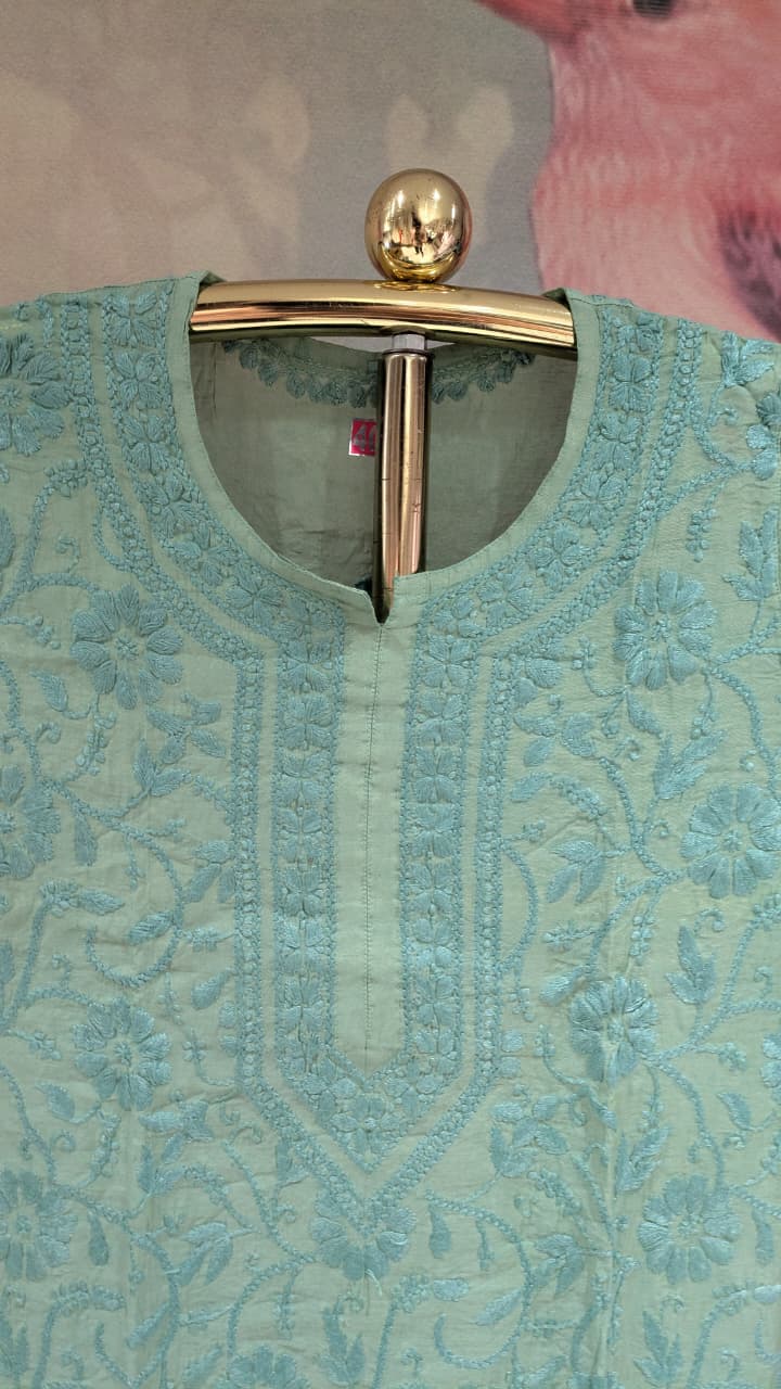 Sage Green Tone-on-Tone Chikankari Kurta & Pant Set Lucknowi Chikankari work