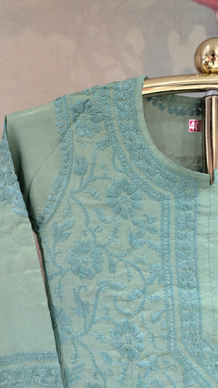 Sage Green Tone-on-Tone Chikankari Kurta & Pant Set Lucknowi Chikankari work