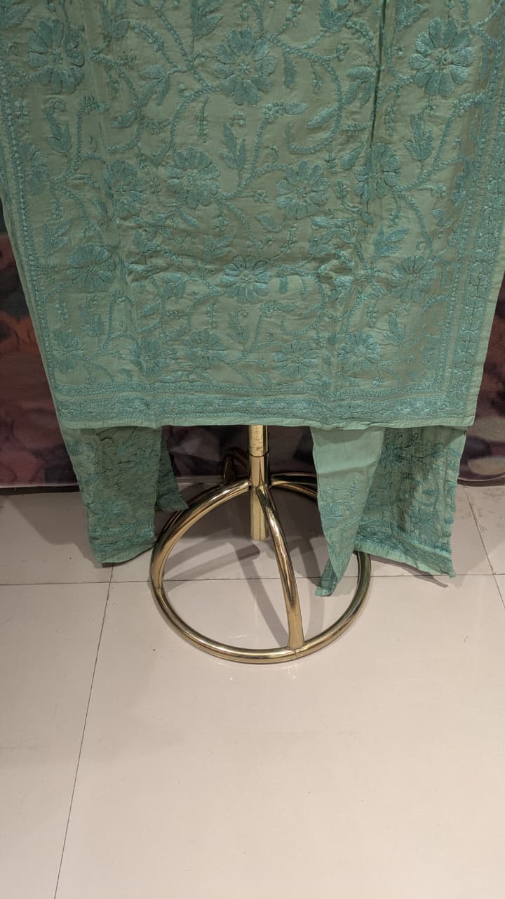 Sage Green Tone-on-Tone Chikankari Kurta & Pant Set Lucknowi Chikankari work