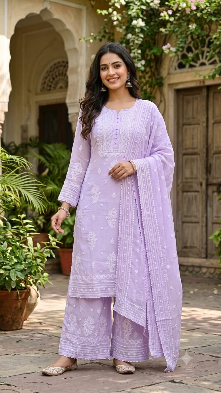Lavender Lilac Chikankari Kurta & Pant Set Lucknowi Chikankari embroidery.