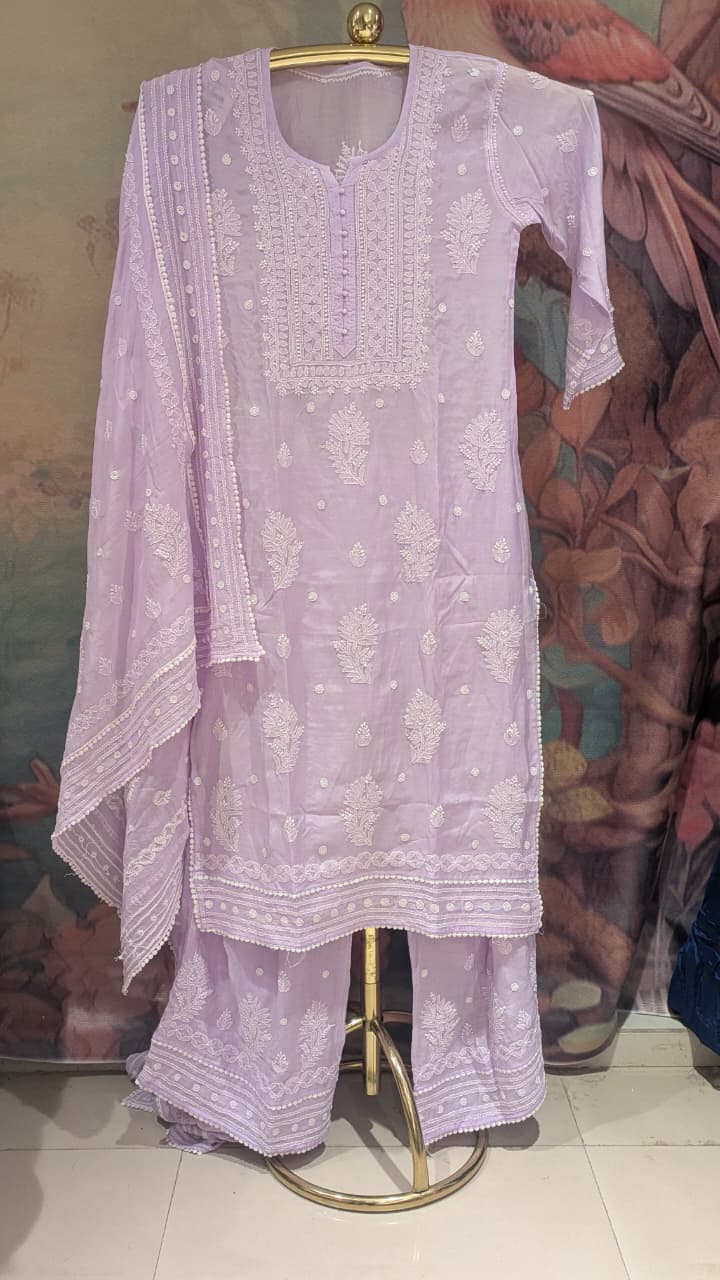 Lavender Lilac Chikankari Kurta & Pant Set Lucknowi Chikankari embroidery.