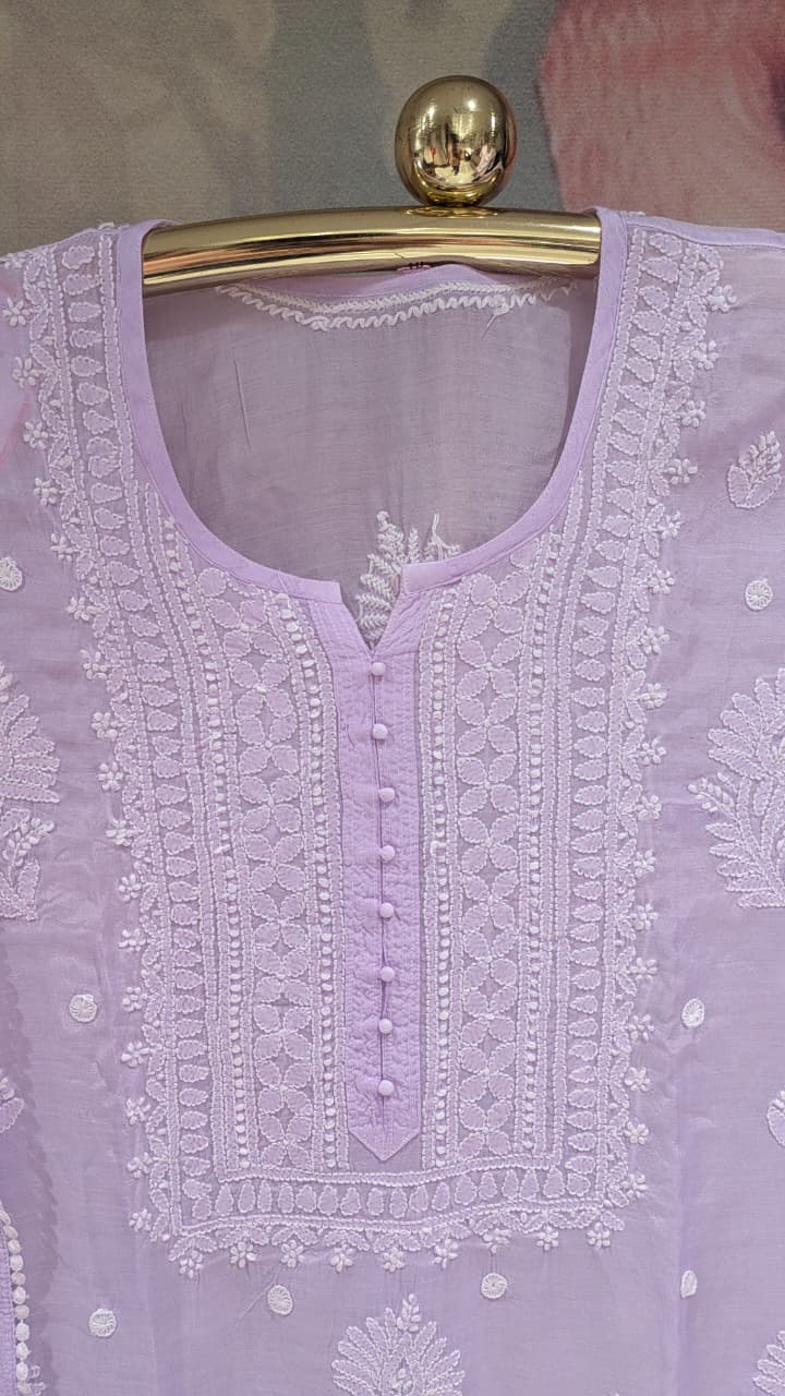 Lavender Lilac Chikankari Kurta & Pant Set Lucknowi Chikankari embroidery.