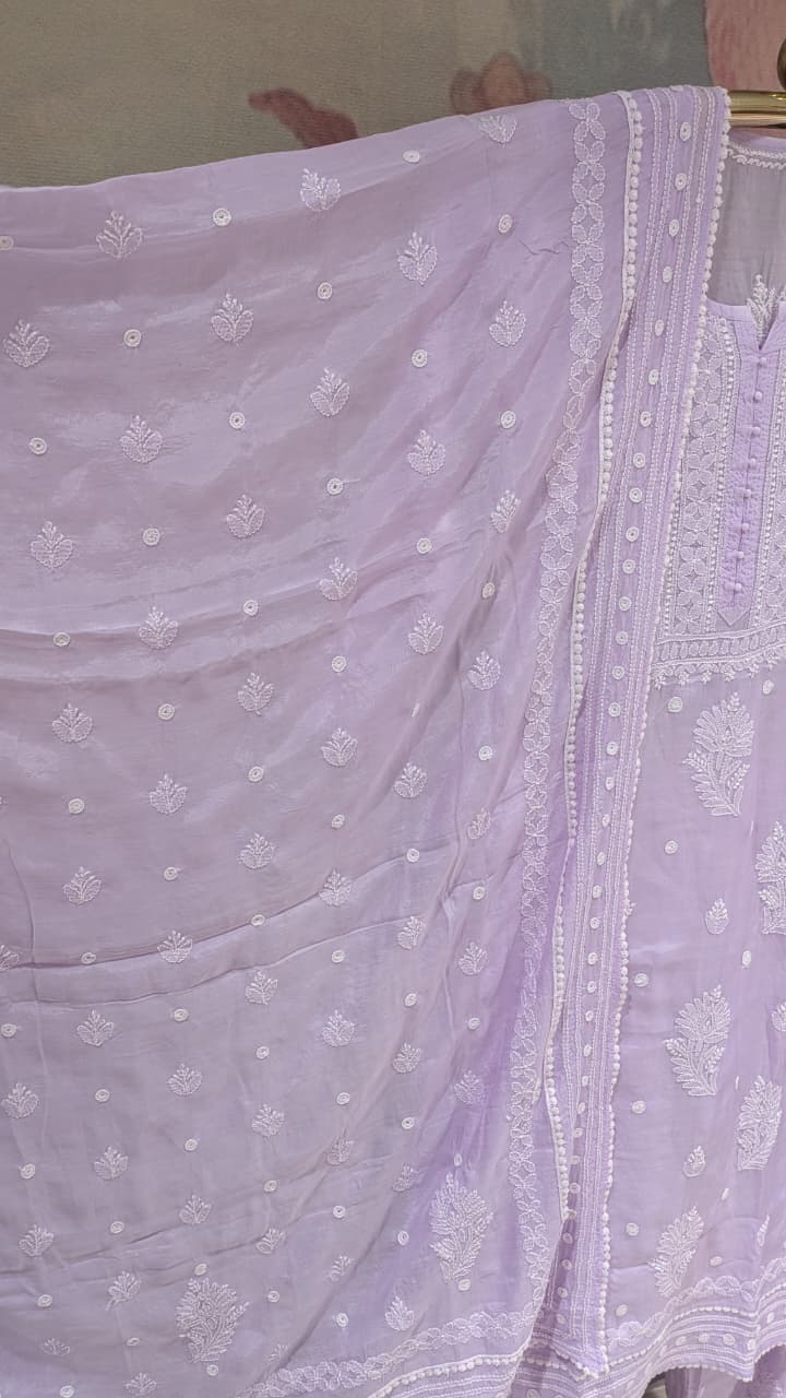 Lavender Lilac Chikankari Kurta & Pant Set Lucknowi Chikankari embroidery.