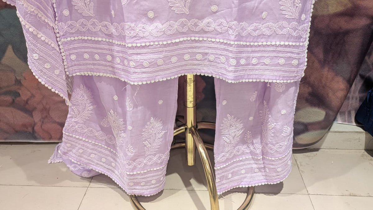 Lavender Lilac Chikankari Kurta & Pant Set Lucknowi Chikankari embroidery.