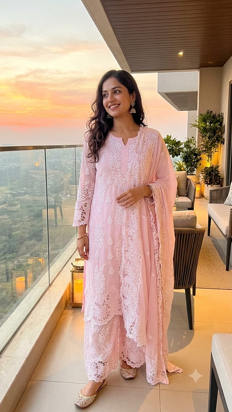 Baby Pink Chikankari Kurta & Pant Set Lucknowi Chikankari embroidery.