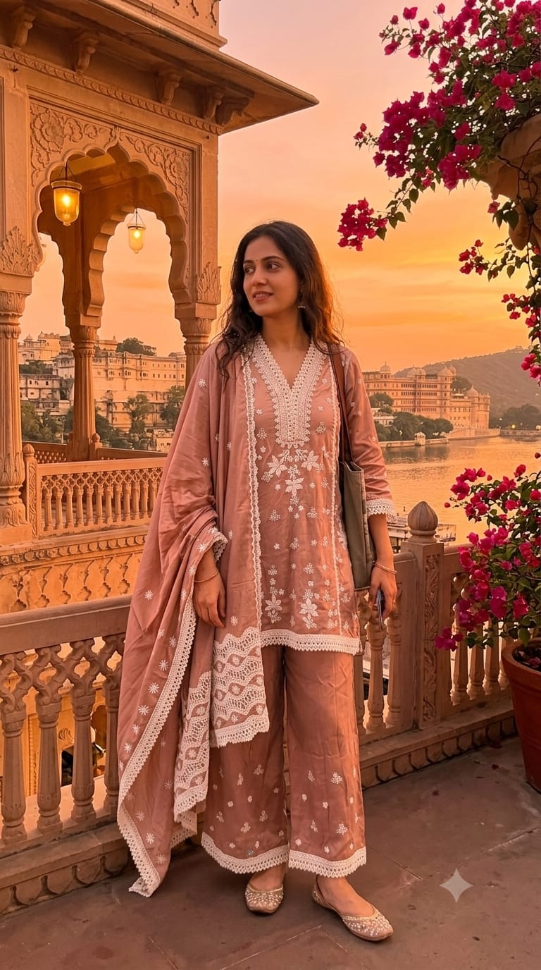 Dusty Mauve Pink Chikankari Kurta & Pant Set Plus Size Lucknowi Chikankari embroidery