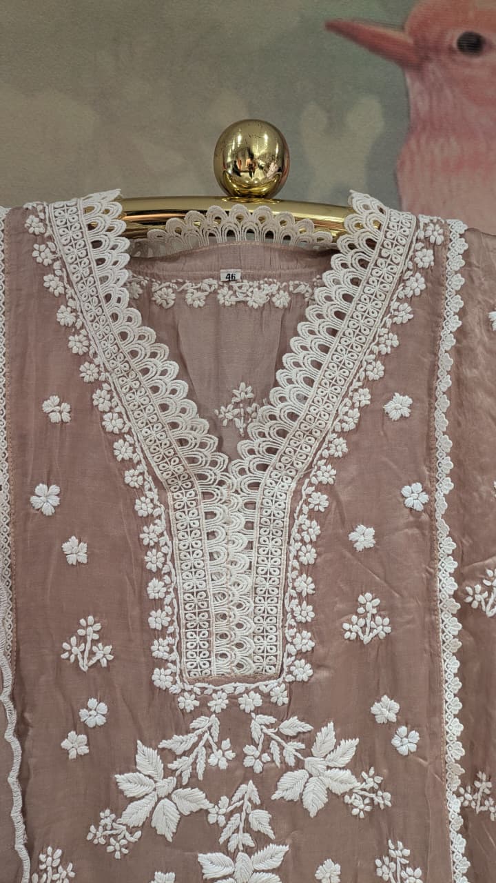 Dusty Mauve Pink Chikankari Kurta & Pant Set Plus Size Lucknowi Chikankari embroidery