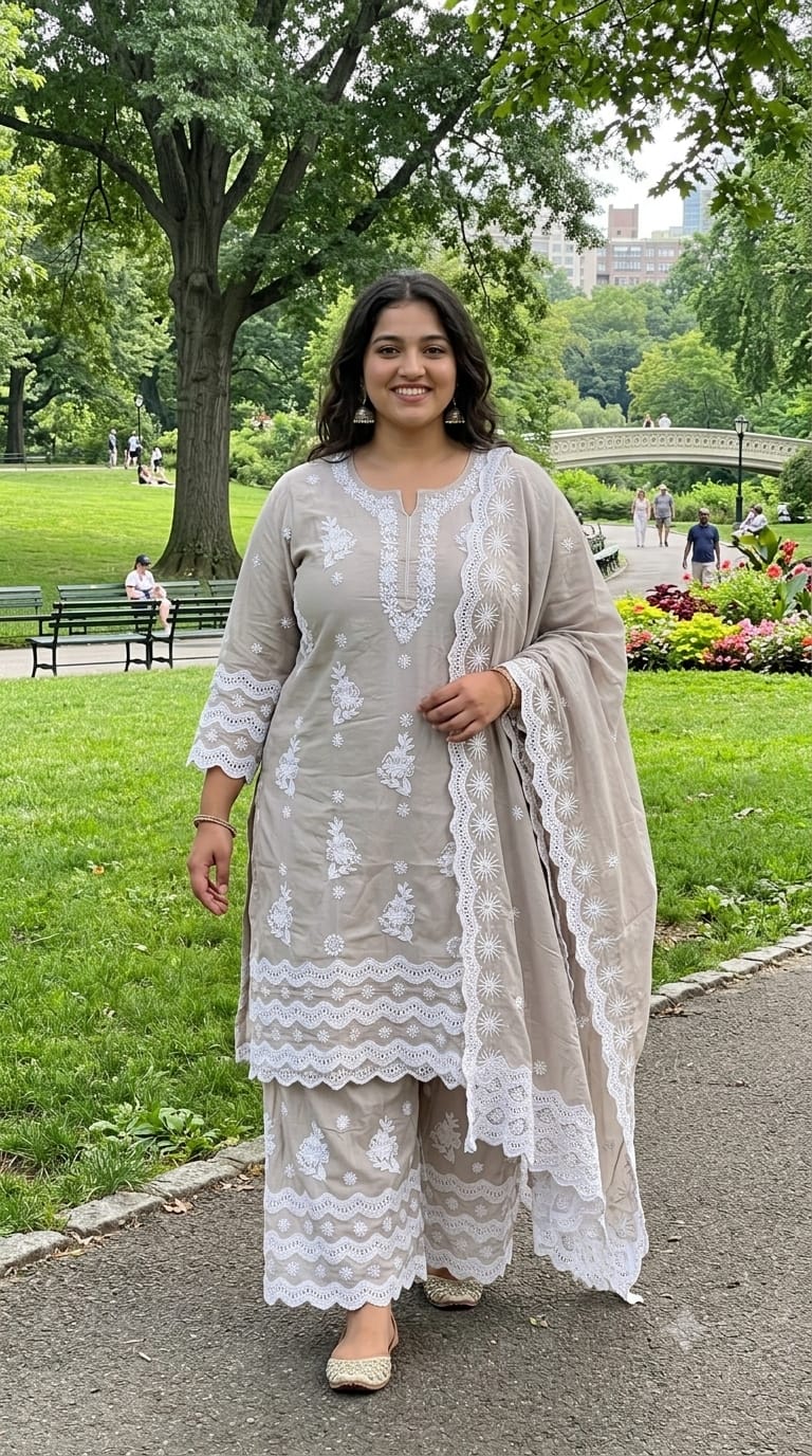 Grey Chikankari Kurta & Pant Set Plus Size Lucknowi Chikankari embroidery.