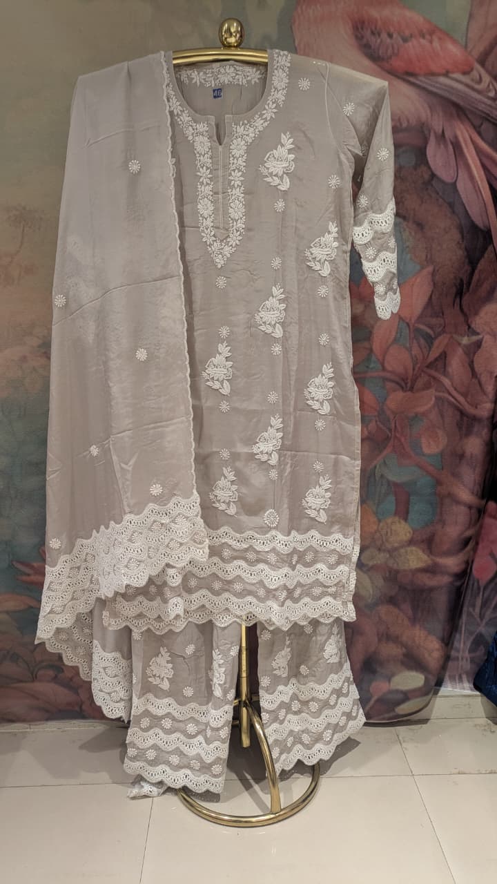 Grey Chikankari Kurta & Pant Set Plus Size Lucknowi Chikankari embroidery.