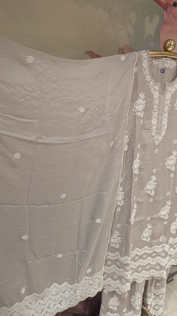 Grey Chikankari Kurta & Pant Set Plus Size Lucknowi Chikankari embroidery.