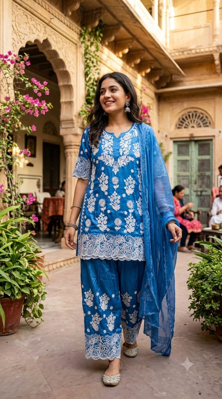 Teal Blue Chikankari Kurta & Pant Set. Lucknowi Chikankari embroidery.
