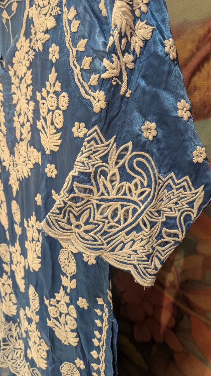 Teal Blue Chikankari Kurta & Pant Set. Lucknowi Chikankari embroidery.