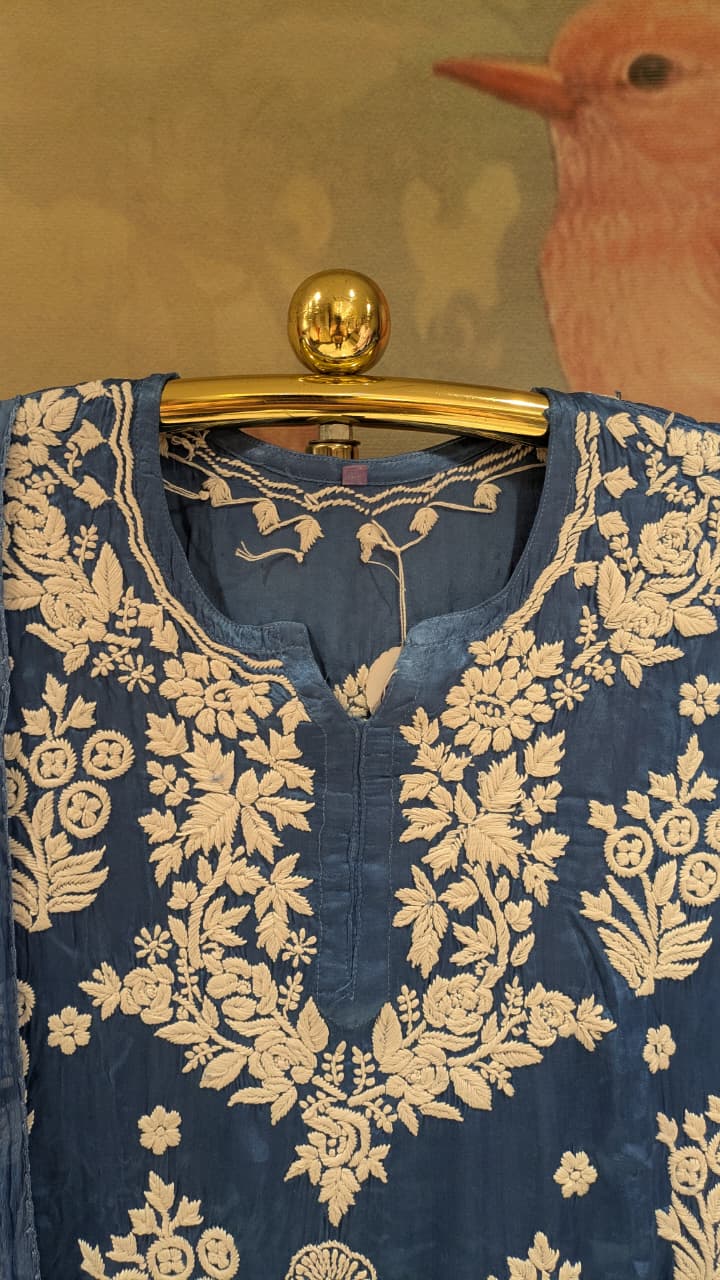Teal Blue Chikankari Kurta & Pant Set. Lucknowi Chikankari embroidery.