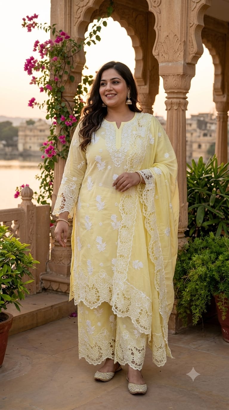Pastel Yellow Chikankari Kurti Pant With duppata Set Plus Size Lucknowi Chikankari embroidery.