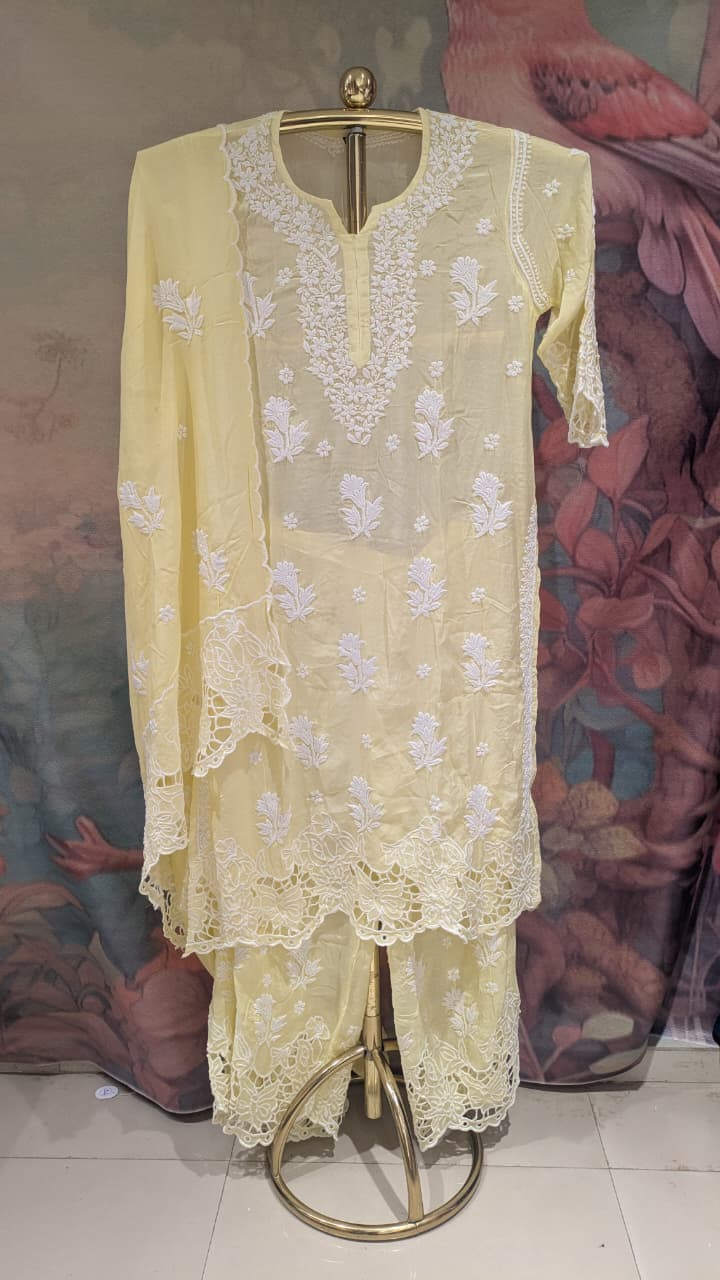 Pastel Yellow Chikankari Kurti Pant With duppata Set Plus Size Lucknowi Chikankari embroidery.