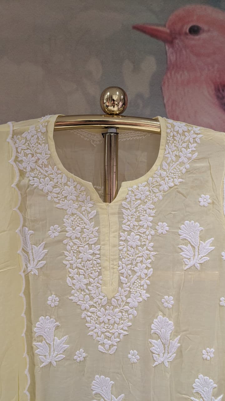 Pastel Yellow Chikankari Kurti Pant With duppata Set Plus Size Lucknowi Chikankari embroidery.