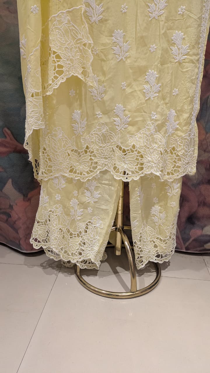 Pastel Yellow Chikankari Kurti Pant With duppata Set Plus Size Lucknowi Chikankari embroidery.