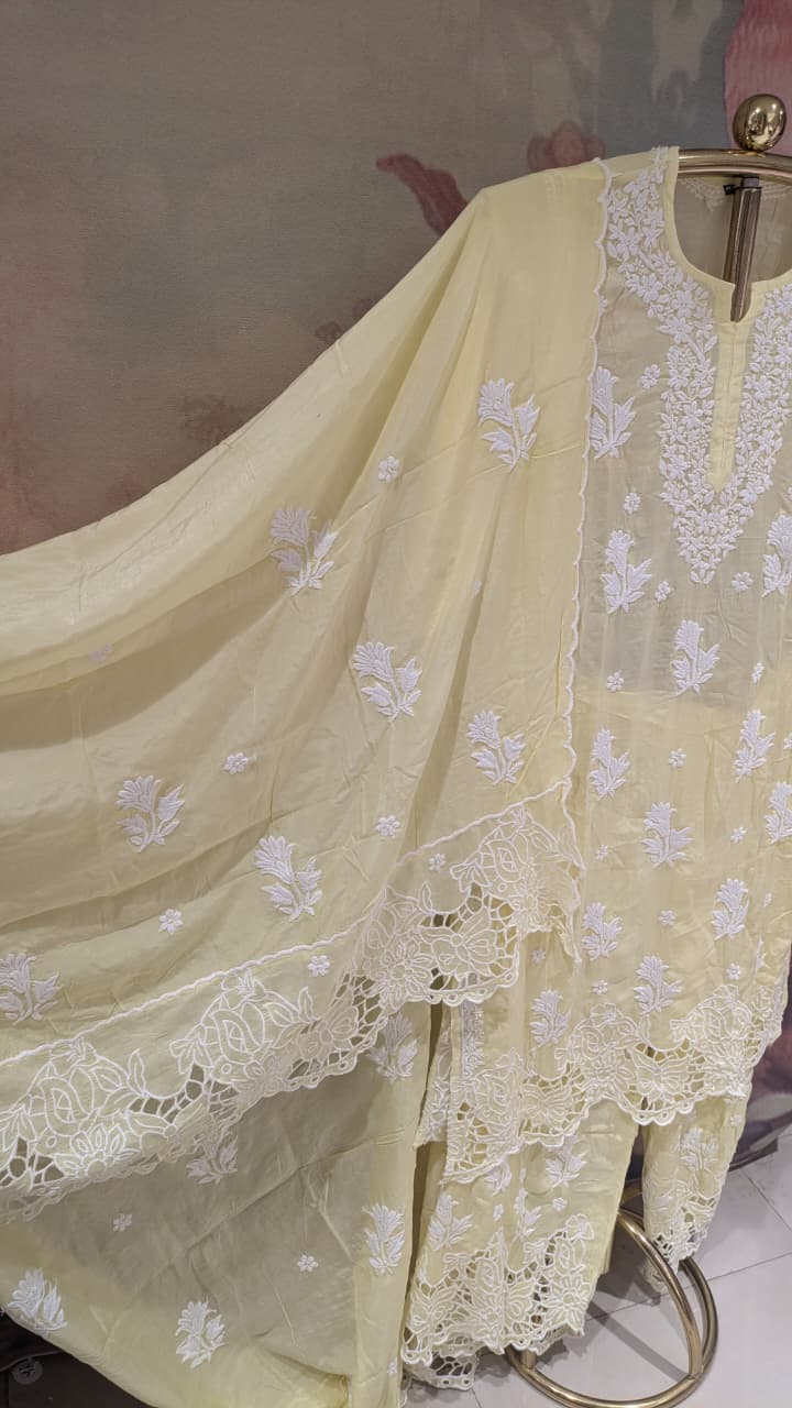 Pastel Yellow Chikankari Kurti Pant With duppata Set Plus Size Lucknowi Chikankari embroidery.