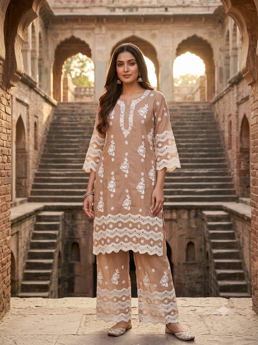 Taupe Brown Lucknowi-Style 2-Piece Kurta & Pant Set.