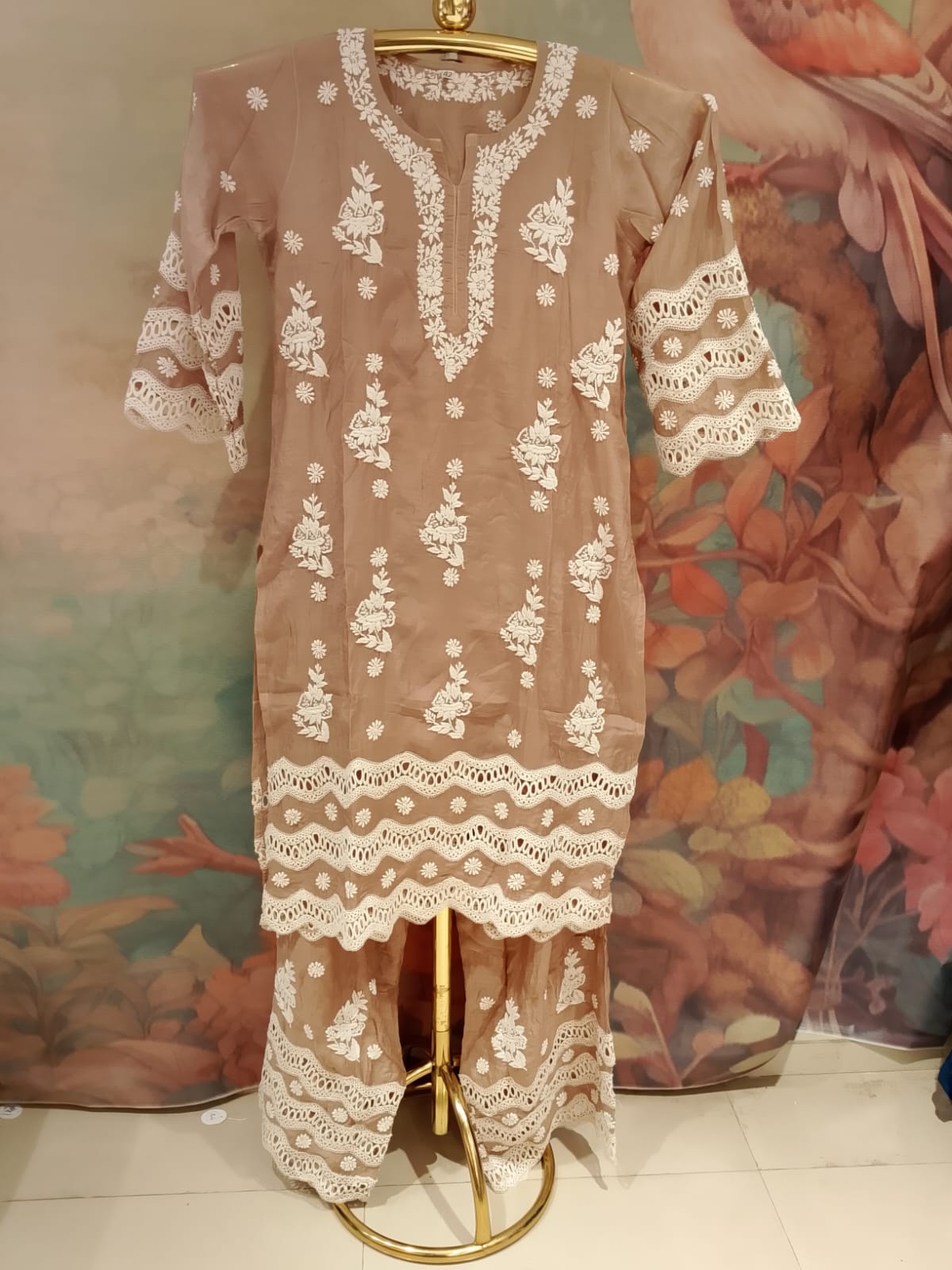 Taupe Brown Lucknowi-Style 2-Piece Kurta & Pant Set.