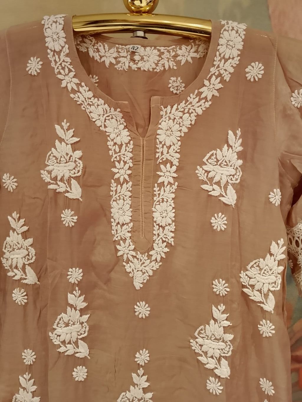 Taupe Brown Lucknowi-Style 2-Piece Kurta & Pant Set.