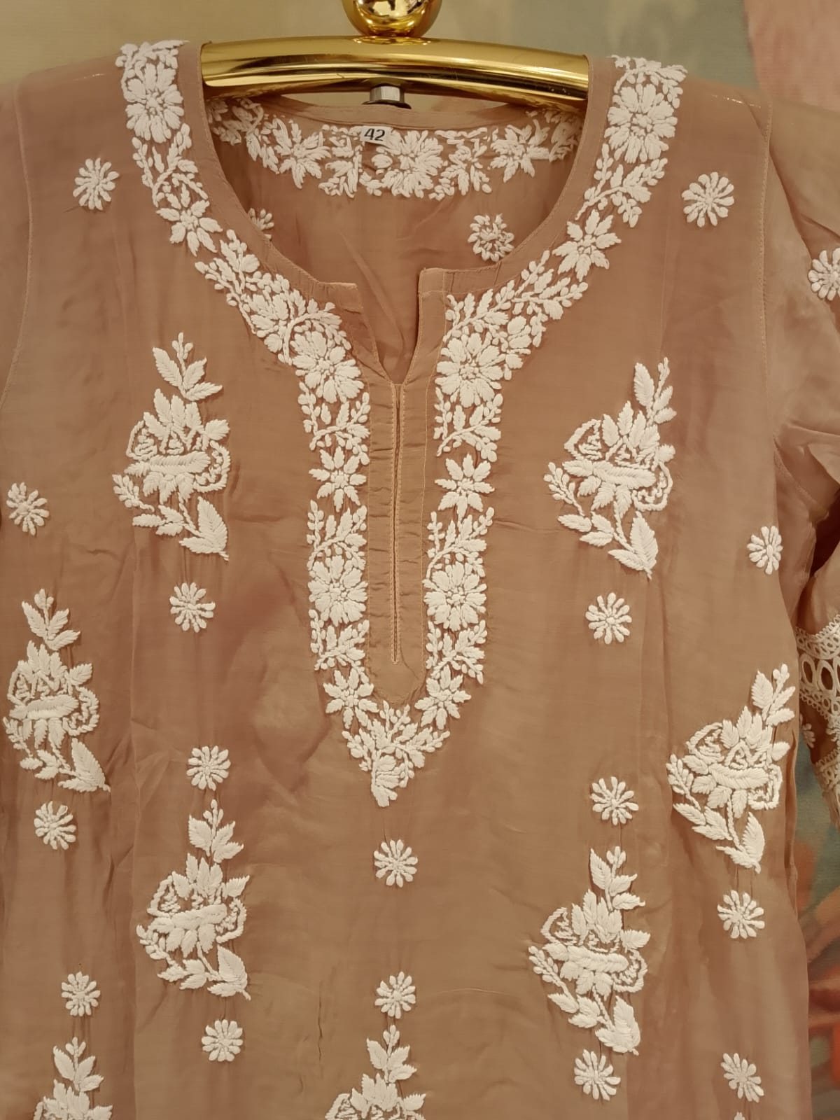 Taupe Brown Lucknowi-Style 2-Piece Kurta & Pant Set.