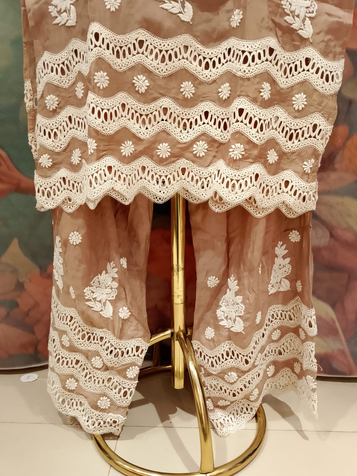 Taupe Brown Lucknowi-Style 2-Piece Kurta & Pant Set.