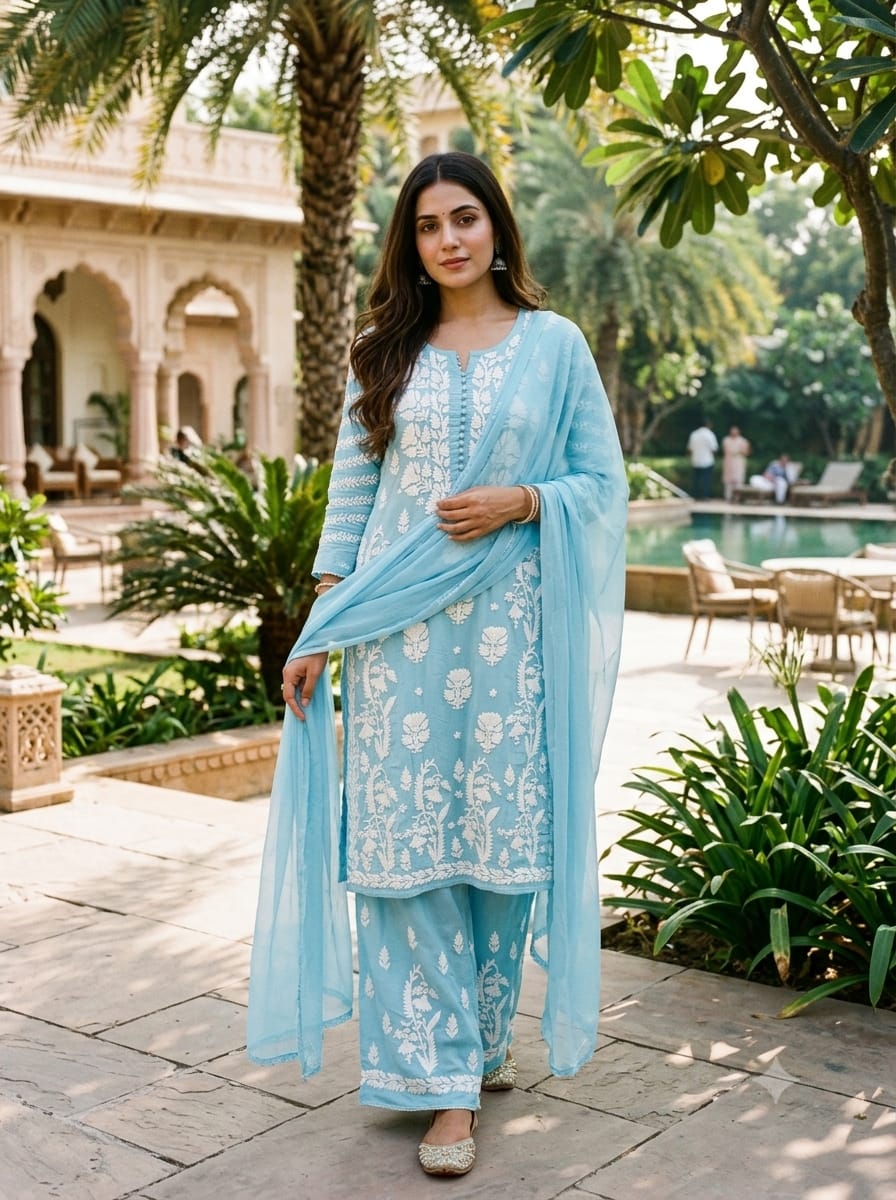 Elegant Ice Blue Lucknowi Chikankari Kurta & Palazzo Set with Dupatta.
