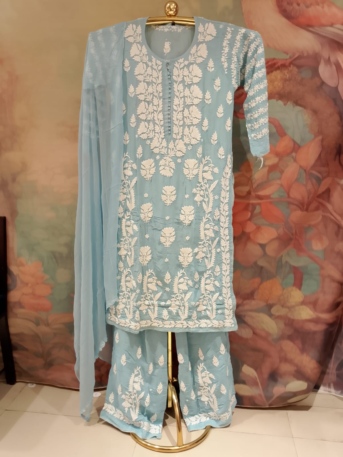 Elegant Ice Blue Lucknowi Chikankari Kurta & Palazzo Set with Dupatta.