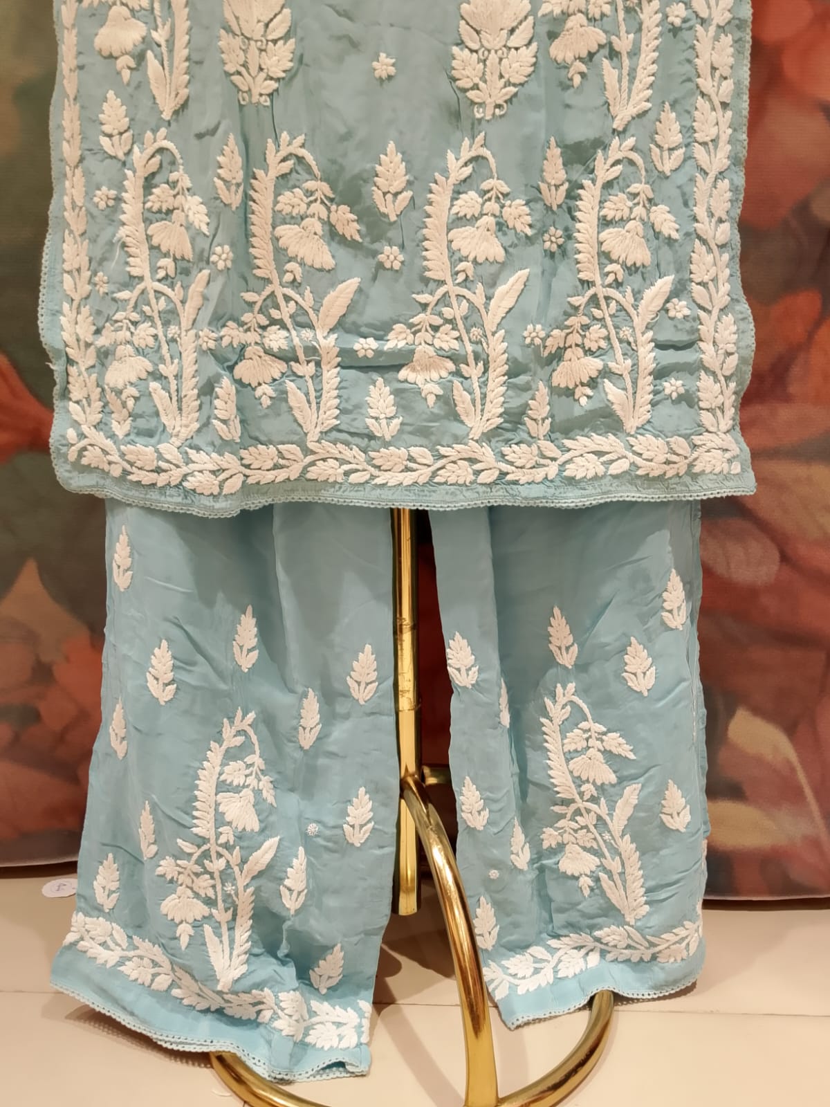Elegant Ice Blue Lucknowi Chikankari Kurta & Palazzo Set with Dupatta.