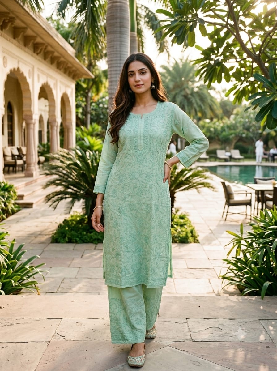 Sage Green Chikankari Kurta & Pant Set