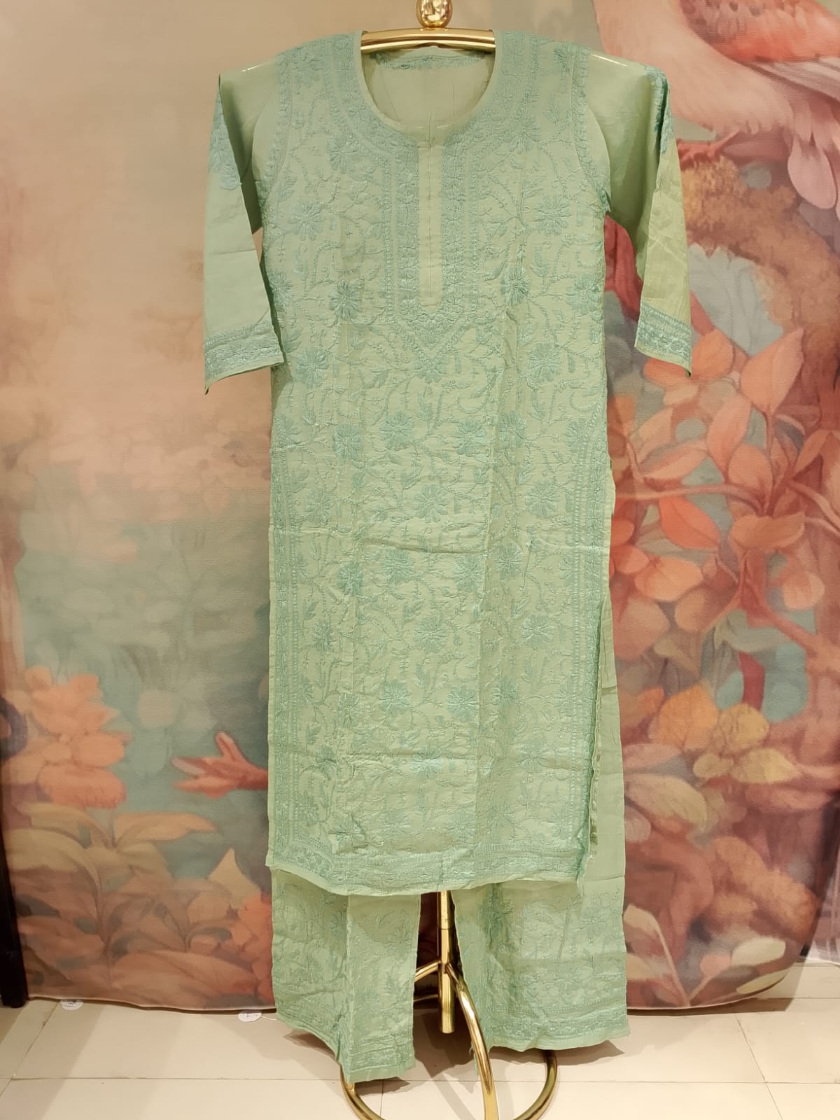 Sage Green Chikankari Kurta & Pant Set