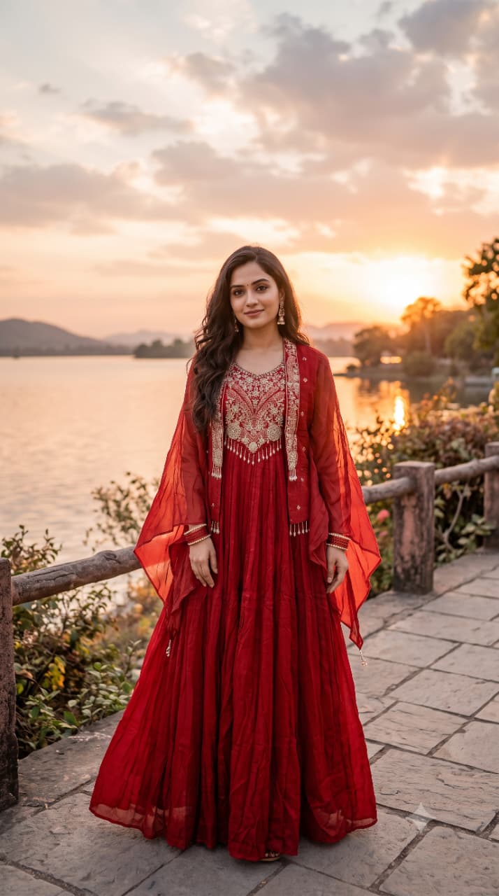 Regal Crimson Georgette Gown with Embroidered Shrug Cape.