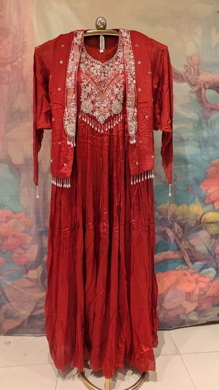 Regal Crimson Georgette Gown with Embroidered Shrug Cape.