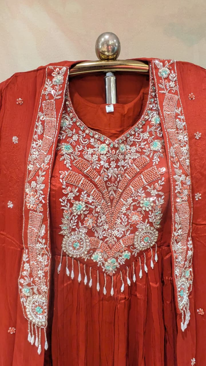 Regal Crimson Georgette Gown with Embroidered Shrug Cape.