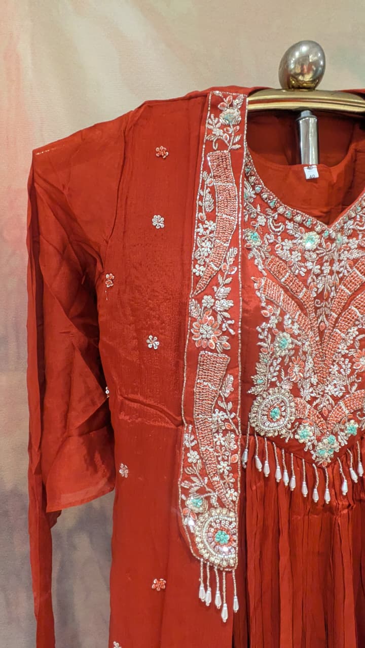 Regal Crimson Georgette Gown with Embroidered Shrug Cape.