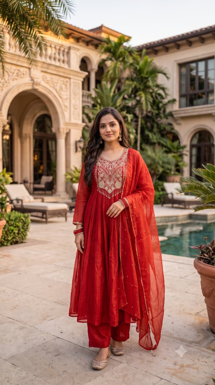 Rust Georgette Anarkali Suit Set with Ornate Floral Embroidery.