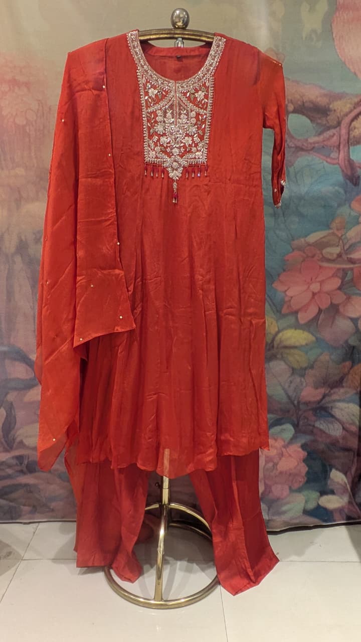 Rust Georgette Anarkali Suit Set with Ornate Floral Embroidery.