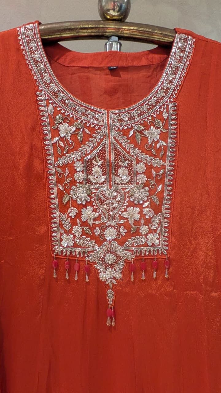 Rust Georgette Anarkali Suit Set with Ornate Floral Embroidery.