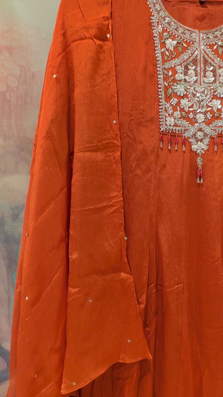 Rust Georgette Anarkali Suit Set with Ornate Floral Embroidery.