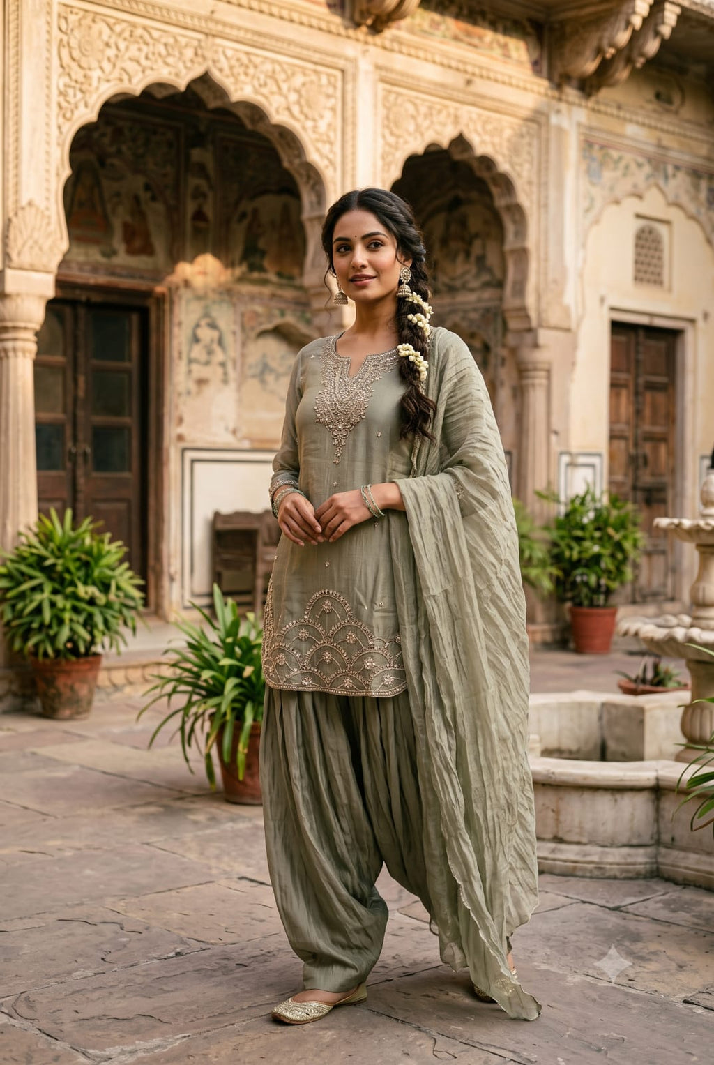 Sage Olive Crush Organza Kurta Set with Scalloped Border and Farshi Salwar.