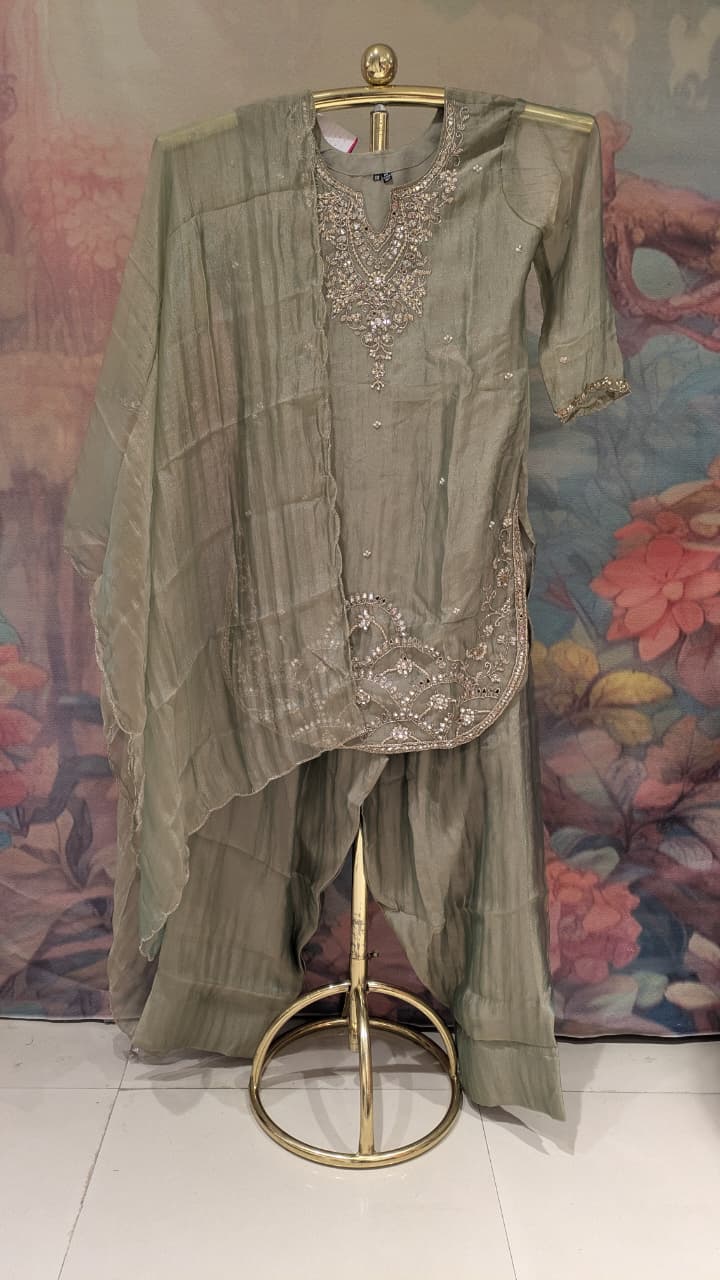 Sage Olive Crush Organza Kurta Set with Scalloped Border and Farshi Salwar.