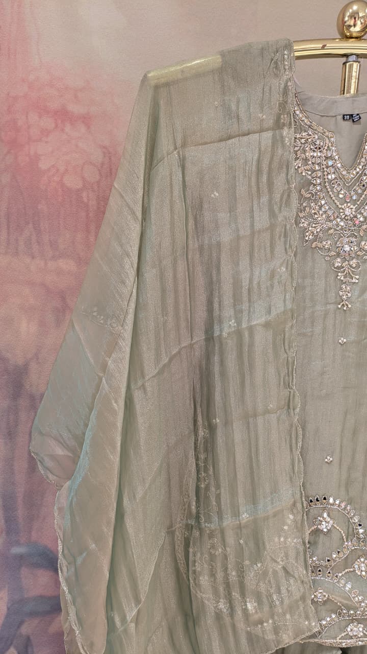 Sage Olive Crush Organza Kurta Set with Scalloped Border and Farshi Salwar.