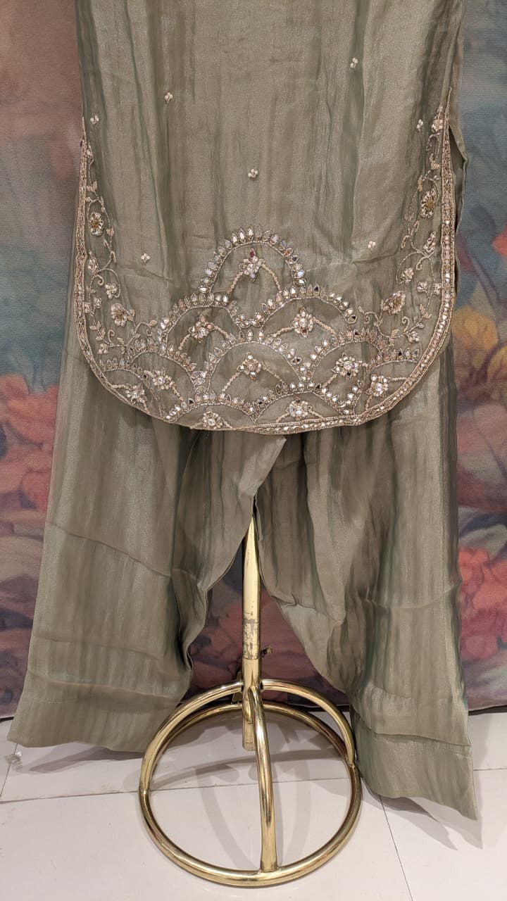Sage Olive Crush Organza Kurta Set with Scalloped Border and Farshi Salwar.